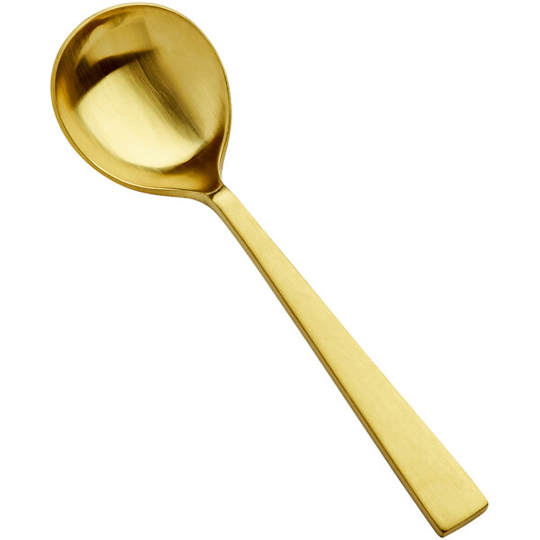 A Bon Chef Roman matte gold soup spoon with a long handle.