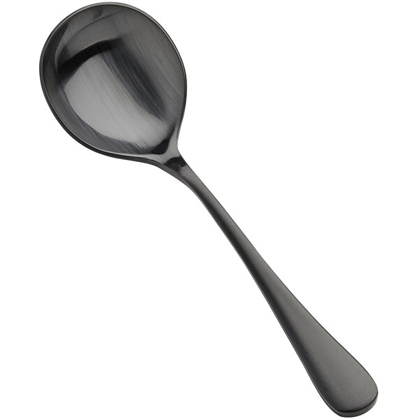 A Bon Chef stainless steel bouillon spoon with a matte black handle.