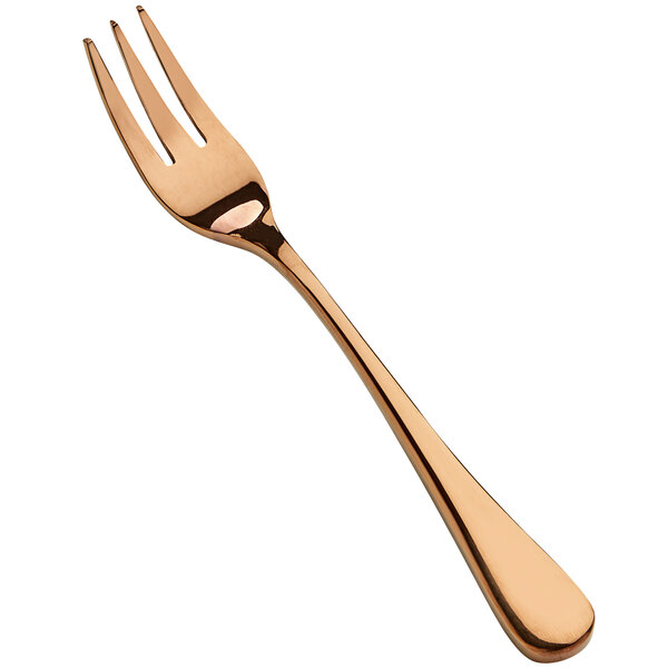 A Bon Chef rose gold oyster/cocktail fork with a rose gold handle.