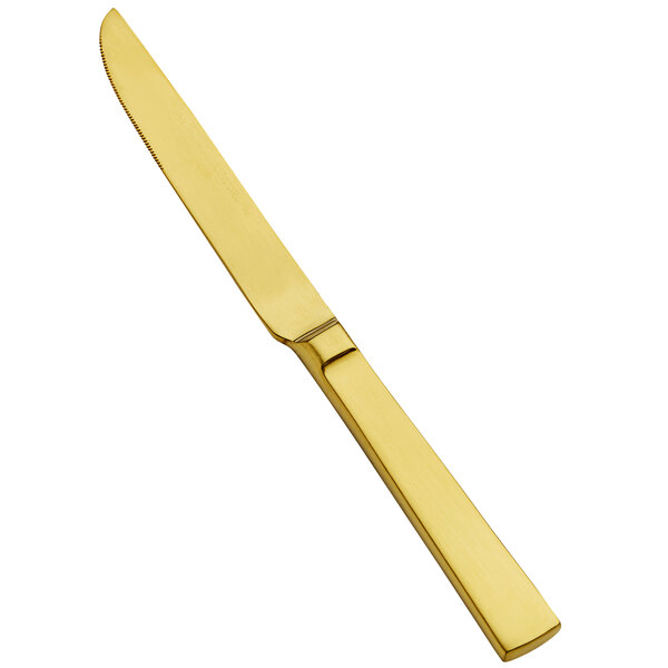 A Bon Chef stainless steel dinner knife with a matte gold handle.