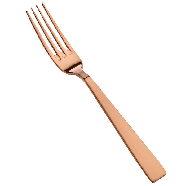A close-up of a Bon Chef stainless steel rose gold salad/dessert fork with a matte finish.