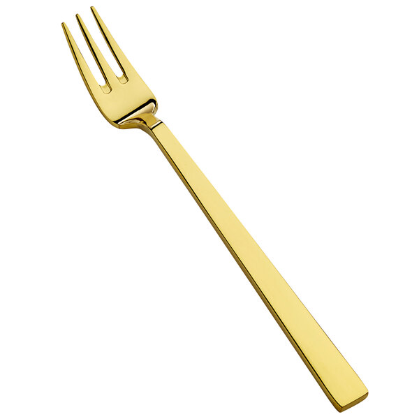 A Bon Chef stainless steel oyster/cocktail fork with a gold handle.