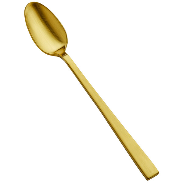 A close up of a Bon Chef stainless steel iced tea spoon with a matte gold finish.