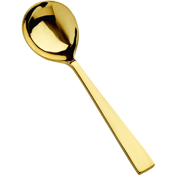 A Bon Chef stainless steel soup spoon with a gold round bowl and long handle.