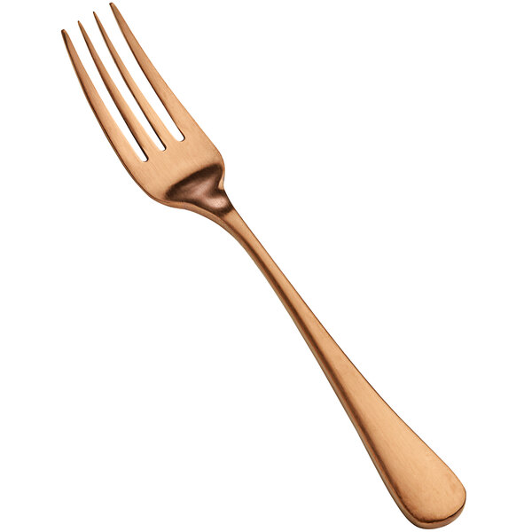 A Bon Chef Como salad/dessert fork with a rose gold handle.