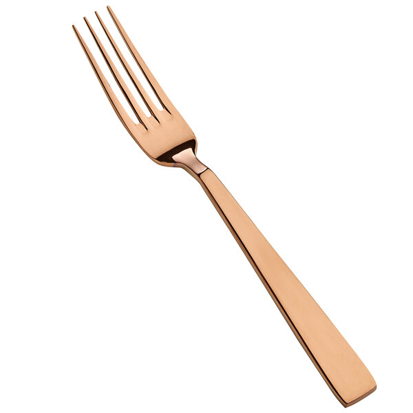 A close up of a Bon Chef rose gold stainless steel salad/dessert fork.