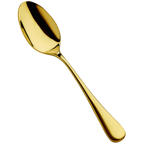 A Bon Chef gold stainless steel soup/dessert spoon with a long handle.