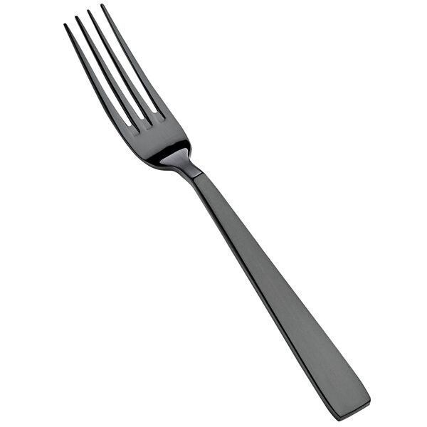A close-up of a Bon Chef stainless steel fork with a black handle.