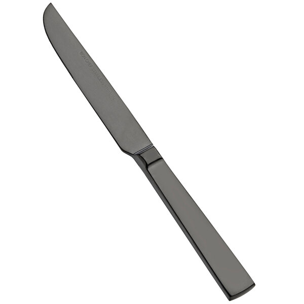 A Bon Chef stainless steel dinner knife with a black handle.