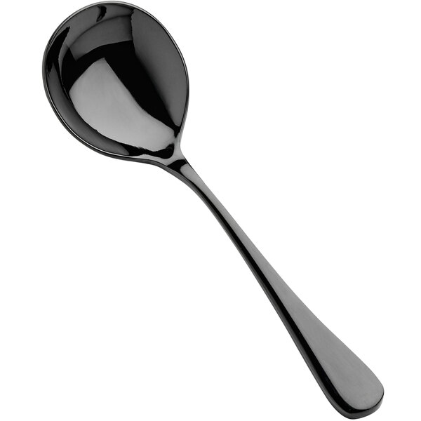 A Bon Chef black bouillon spoon with a stainless steel handle.