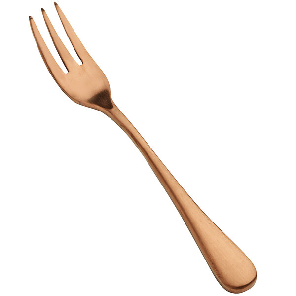 A Bon Chef stainless steel fork with a matte rose gold handle.