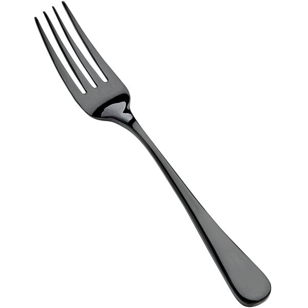 A close-up of a Bon Chef Como 18/10 stainless steel salad/dessert fork with a black handle.
