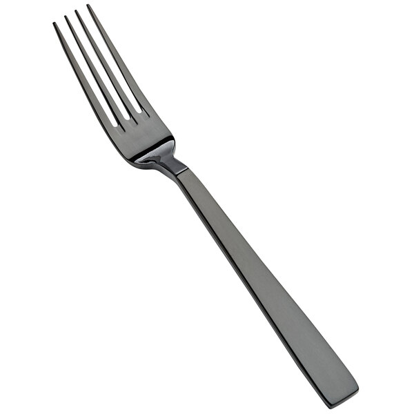 A close-up of a Bon Chef Roman stainless steel dinner fork with a black handle.