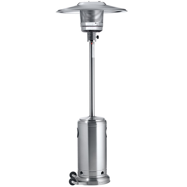 A stainless steel Crown Verity portable patio heater with a round top.