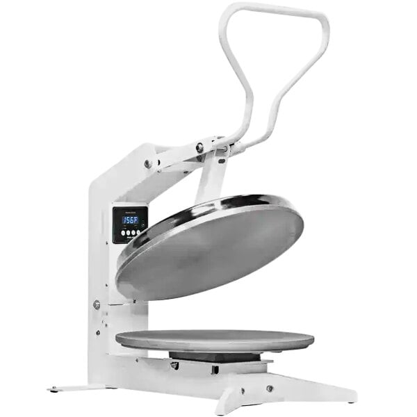 A white and silver Proluxe Flex X1 pizza dough press with a round lid.