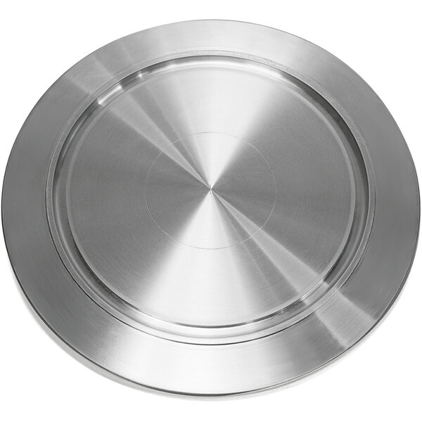 A silver stainless steel Proluxe 14" circular plate with a circular pattern.