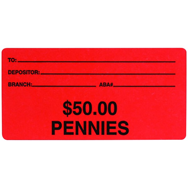 A red self-adhesive sign for $50 pennies with black text.