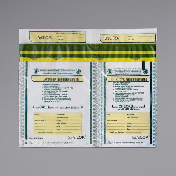 A package of two yellow and green striped Controltek USA SafeLok tamper-evident cash deposit bags.