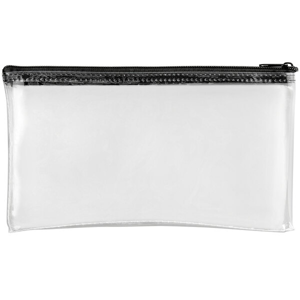 A clear vinyl zippered bank wallet with black trim.
