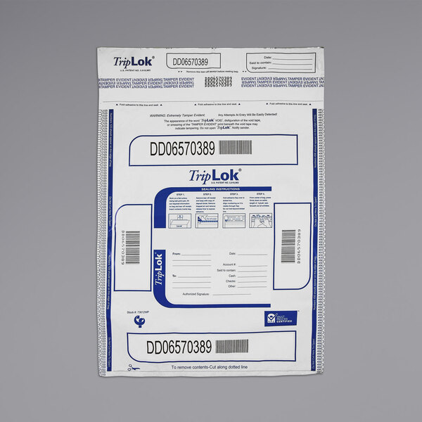 A white and blue package of Controltek USA TripLok tamper-evident cash deposit bags.