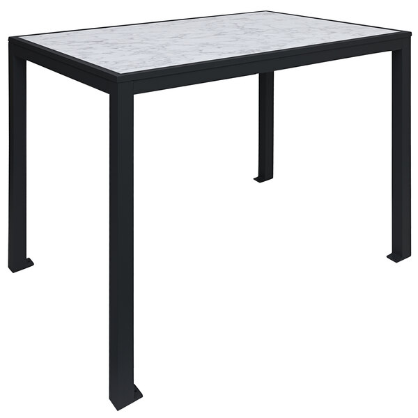 A BFM Seating bar height table with a black aluminum frame and a Carrara marble top with black and white accents.