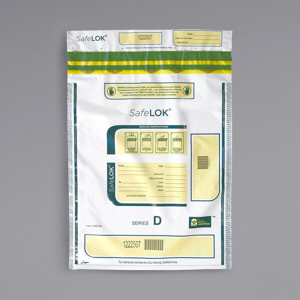 A white plastic bag with yellow and green labels for Controltek USA SafeLok cash deposit bags.