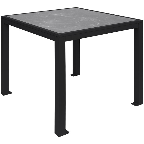 A BFM Seating square black aluminum table with a Pietro top.