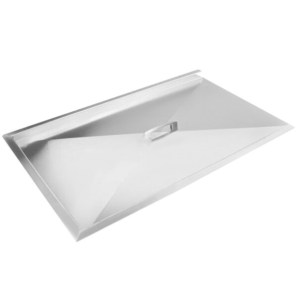 An APW Wyott stainless steel rectangular vessel cover with a handle.