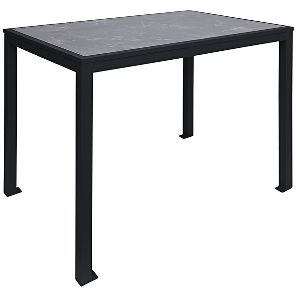 A BFM Seating black aluminum bar height table with a Pietro top.