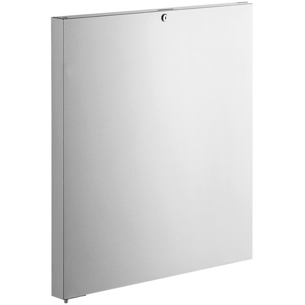 A white rectangular stainless steel door with a black border and a screw.