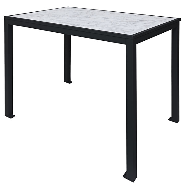A black aluminum BFM Seating bar height table with a Carrara marble top.