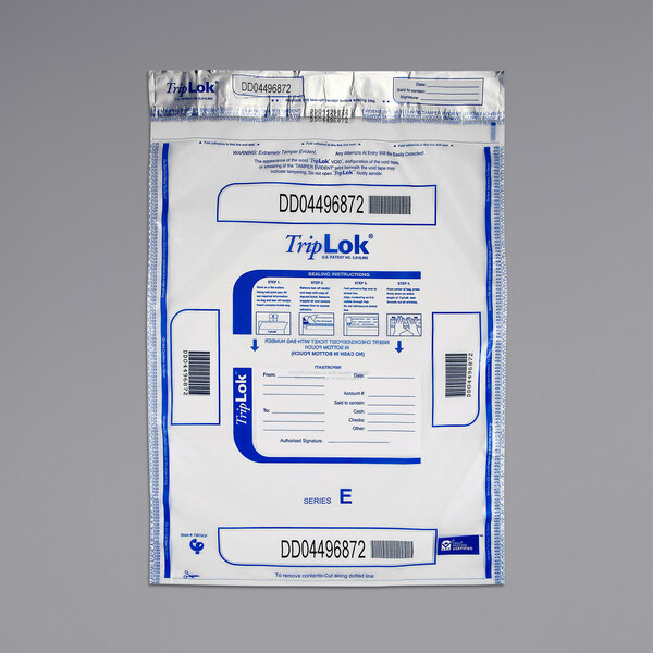 A white plastic package of 50 Controltek USA TripLok tamper-evident cash deposit bags with blue text.