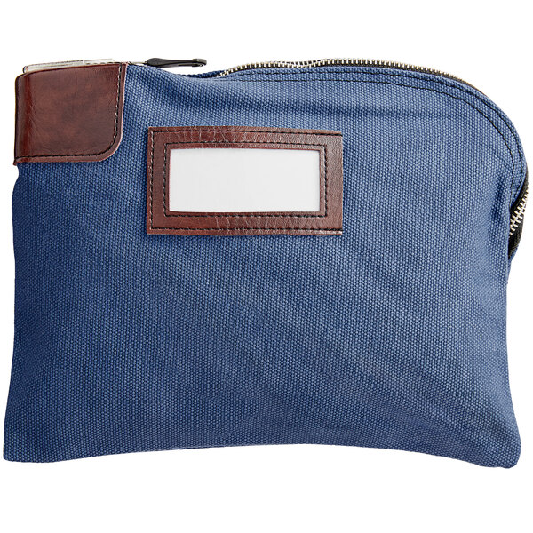 A blue canvas bank deposit bag with a brown leather strap.