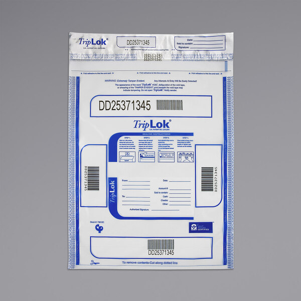 A white and blue package of Controltek USA TripLok tamper-evident cash deposit bags with blue text.