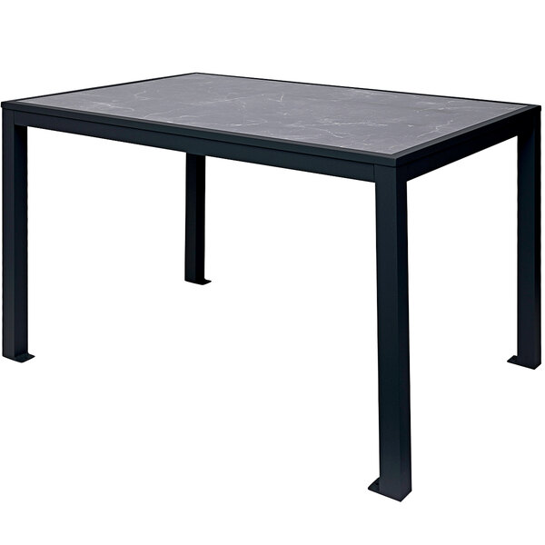 A BFM Seating black aluminum table with a black Pietro top and bolt-down metal legs.