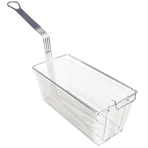 A wire fryer basket with a handle.