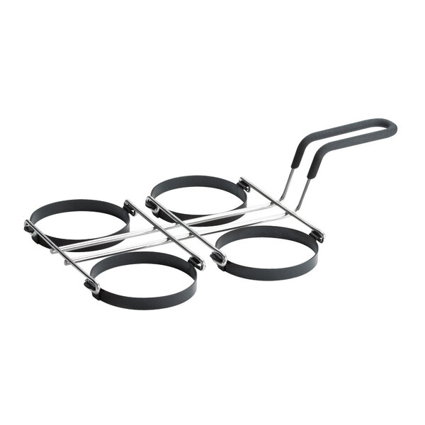 A metal Tablecraft egg holder with four black round non-stick circles.