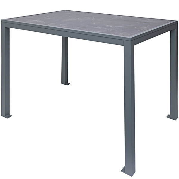 A BFM Seating bar height table with a soft gray aluminum top and metal legs.