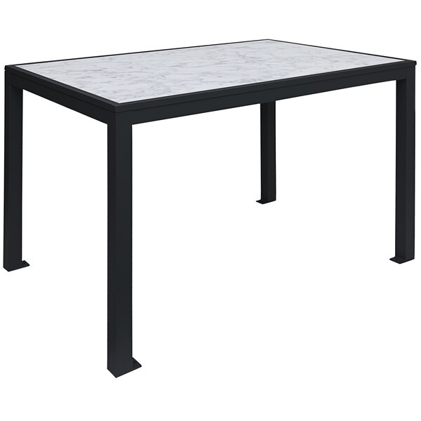 A BFM Seating black aluminum table with a white Carrara marble top with black accents.