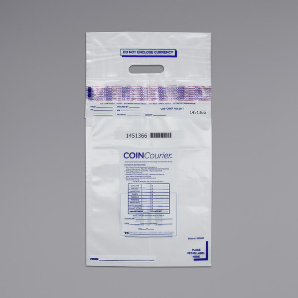 A white plastic bag with blue text reading "Controltek USA COINCourier" containing a white label.