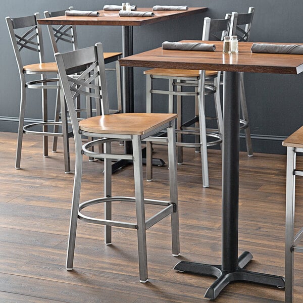 Lancaster Table & Seating Clear Coat Finish Cross Back Bar Stool with Vintage Wood Seat