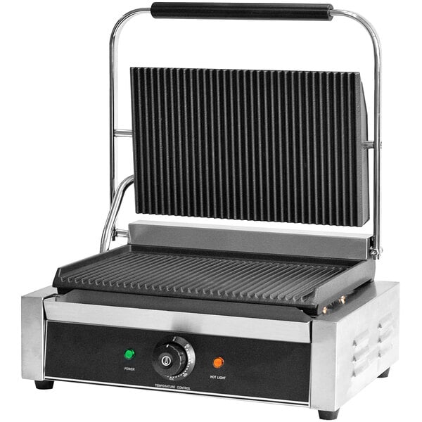 A black and silver Global Solutions by Nemco Panini Grill on a counter.