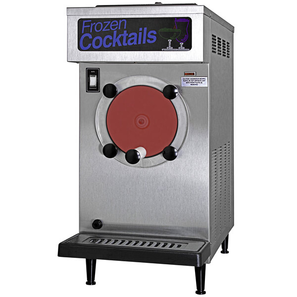 A silver and black SaniServ frozen cocktail machine with a red lid.