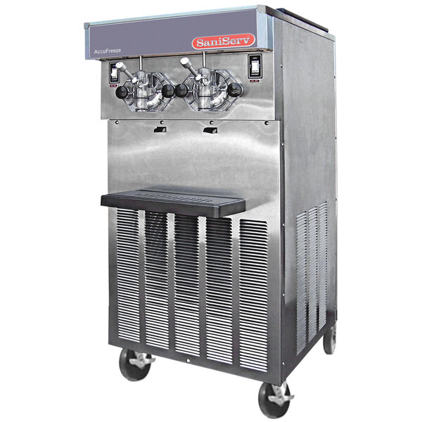 A SaniServ commercial water cooled dual soft serve ice cream machine with a stainless steel top.