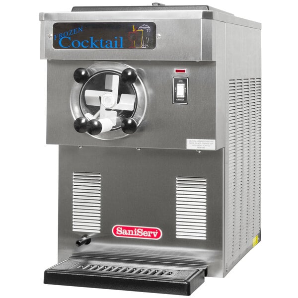 A silver SaniServ frozen cocktail machine with black knobs and a stainless steel top.