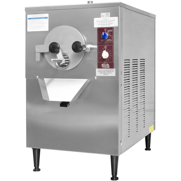 A SaniServ commercial ice cream machine with a stainless steel finish and a handle with knob.