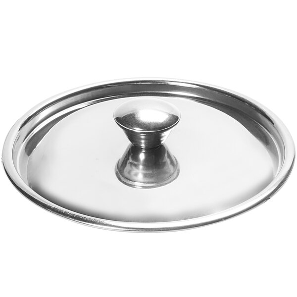 A close-up of a Vollrath stainless steel lid with a round handle.