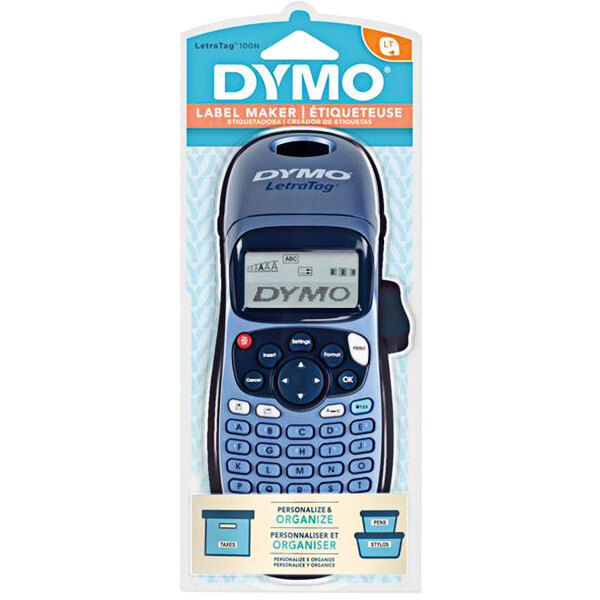 A packaged DYMO LetraTag label maker with a blue label on it.