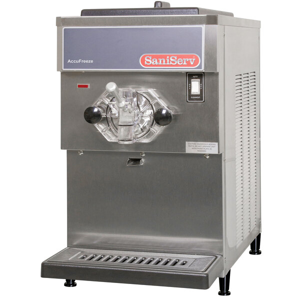 A SaniServ commercial ice cream machine with a stainless steel finish.