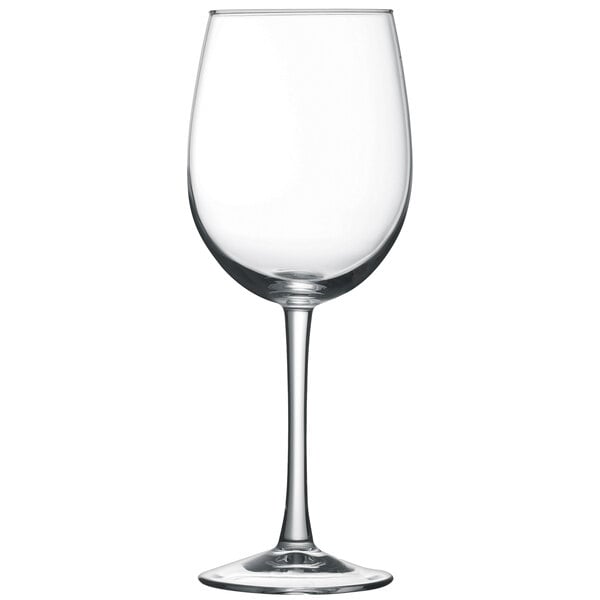 An Arcoroc wine glass with a stem on a white background.